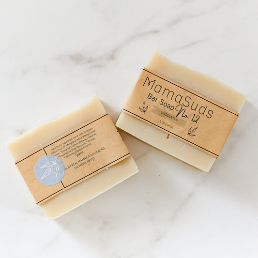 Unscented MamaSuds No. 12 Bar Soap, natural soap bar with simple packaging, perfect for gentle cleansing and sensitive skin.