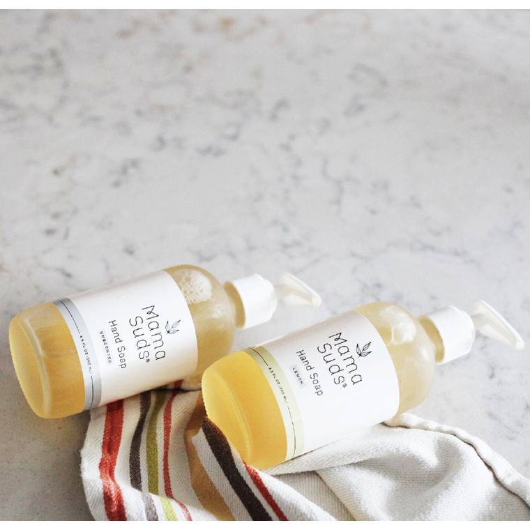MamaSuds unscented hand soap in a 8-fluid-ounce bottle, natural household cleaning product for gentle hand washing.