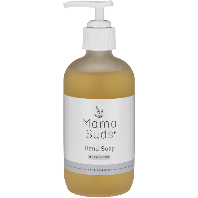Unlabeled 8-fl oz unscented MamaSuds hand soap in a clear pump bottle, household cleaning product for handwashing.