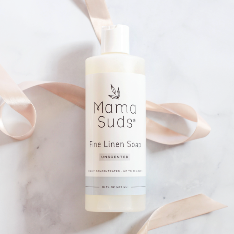 MamaSuds Fine Linen Soap bottle for household cleaning, with a clean label and natural linen scent in a clear plastic container.