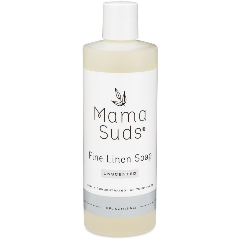 MamaSuds Fine Linen Soap bottle for household cleaning, showcasing a clear container with a white label and natural cleaning ingredients.