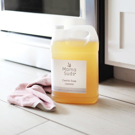 Unscented MamaSuds Castile Liquid Soap in 16 oz bottle, natural household cleaning product with eco-friendly design.