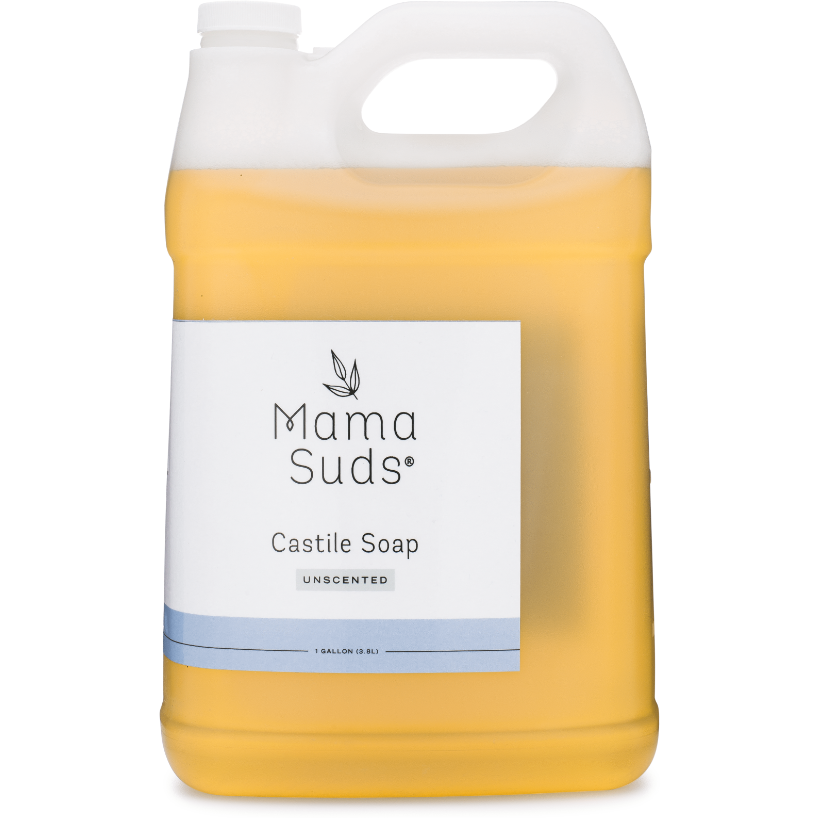 Unscented MamaSuds Castile Liquid Soap in a 16 fl oz bottle, natural household cleaning product with gentle, plant-based ingredients.