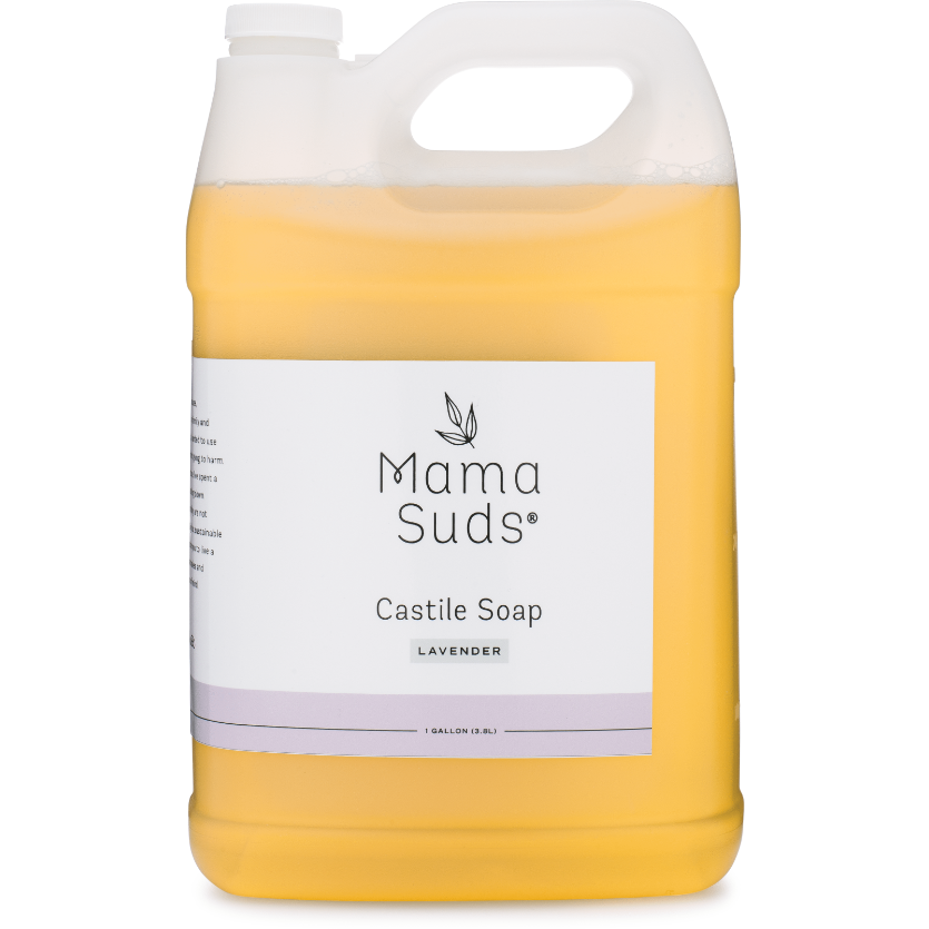 Unscented MamaSuds Castile Liquid Soap in a 16 fl oz bottle, natural household cleaning product with gentle, plant-based ingredients.