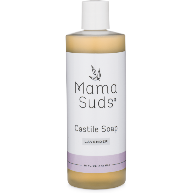 Unscented MamaSuds Castile Liquid Soap in 16 oz bottle, natural household cleaning product with gentle, biodegradable formula.