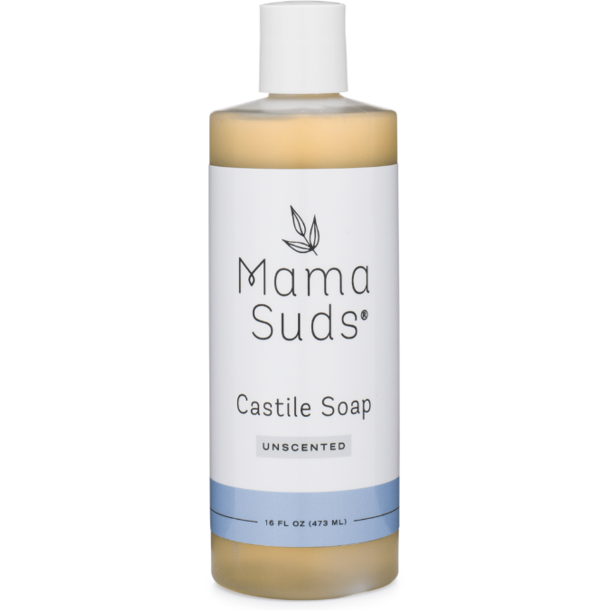 Unscented MamaSuds Castile Liquid Soap in a 16 fl oz bottle, natural household cleaning product with eco-friendly ingredients.