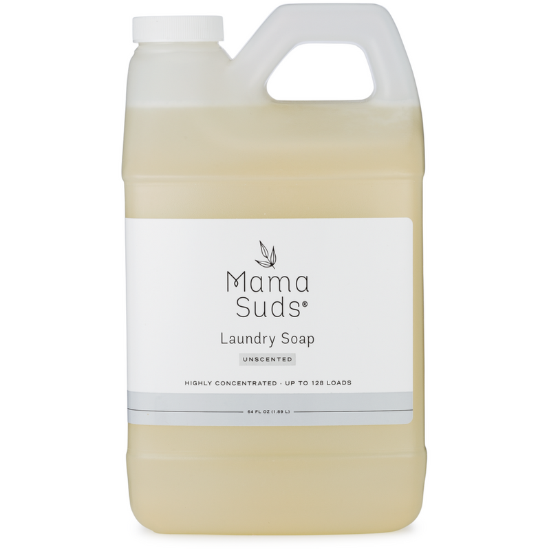 Unscented MamaSuds laundry detergent soap in a 64-ounce bottle, a natural household cleaning product for fresh laundry.