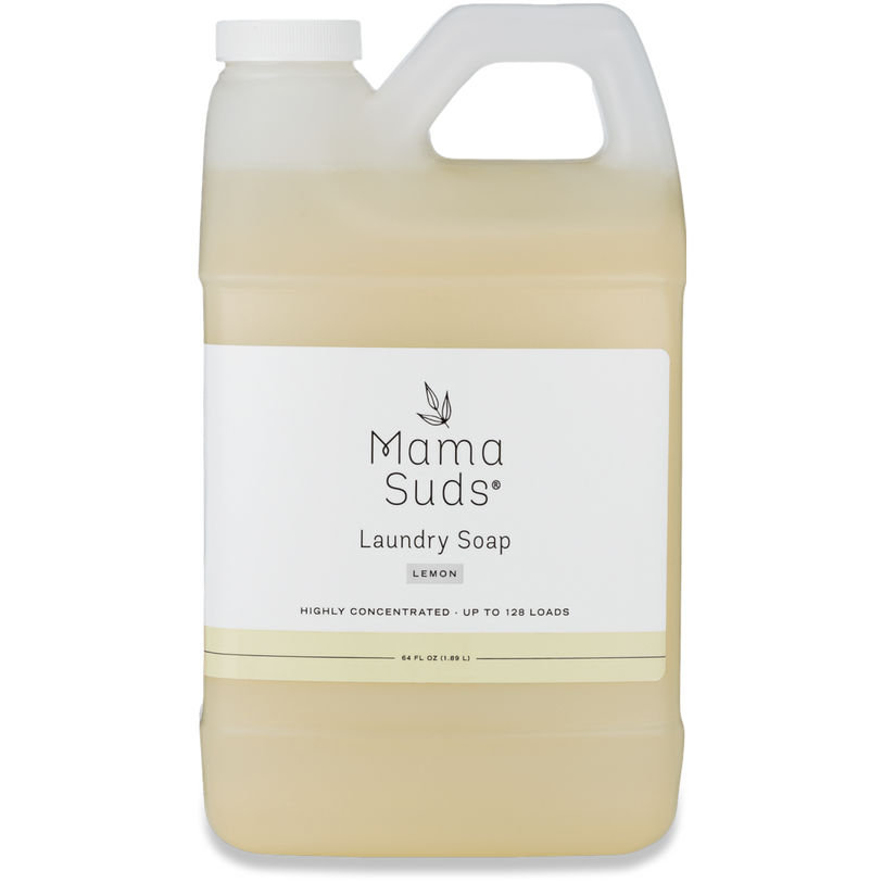 Unscented MamaSuds laundry detergent soap in a 64-ounce bottle, designed for effective household cleaning.