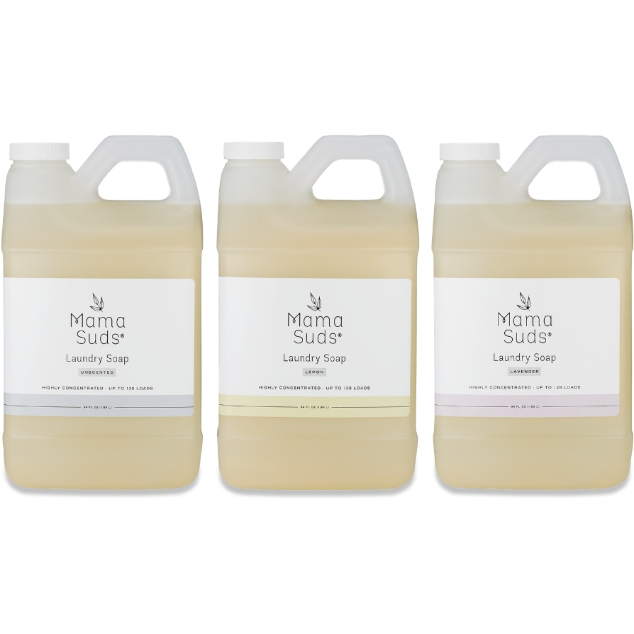 Unlabeled unscented laundry detergent soap by MamaSuds in a 64-ounce bottle for household cleaning.