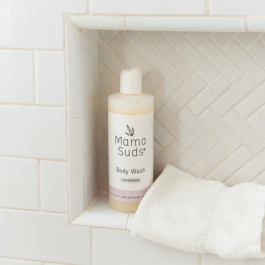 Unscented MamaSuds body wash soap in a clear bottle, designed for gentle household cleaning and personal hygiene.