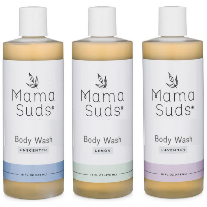 Unscented MamaSuds body wash soap for household cleaning, showing a clear bottle with a pump dispenser and label.