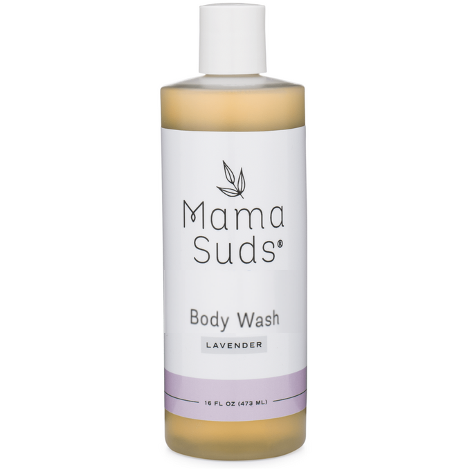 Unscented MamaSuds body wash soap in a clear pump bottle, suitable for household cleaning and personal hygiene.