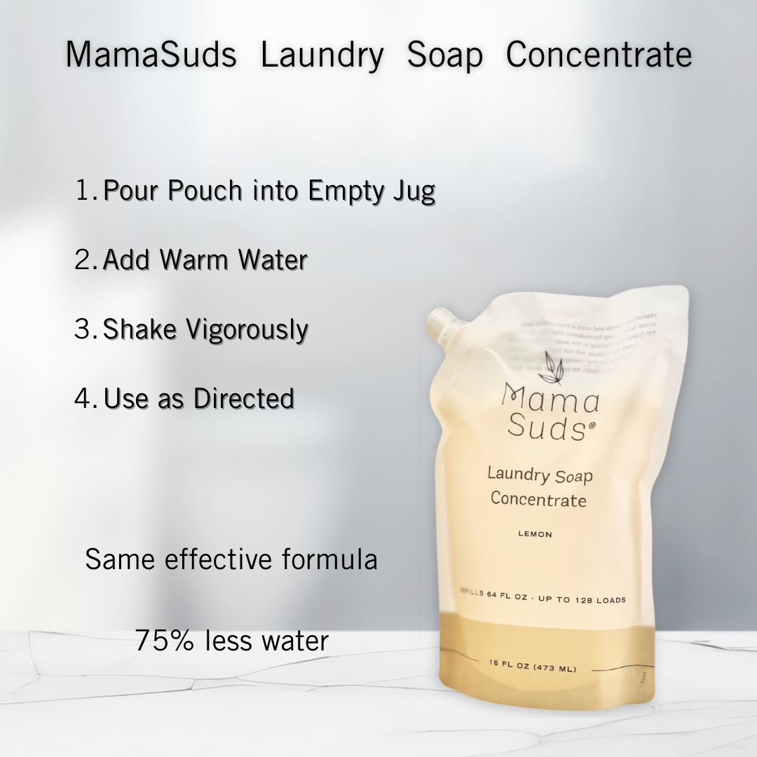 Unlabeled pouch of MamaSuds laundry soap concentrate for household cleaning, designed for effective laundry washing.