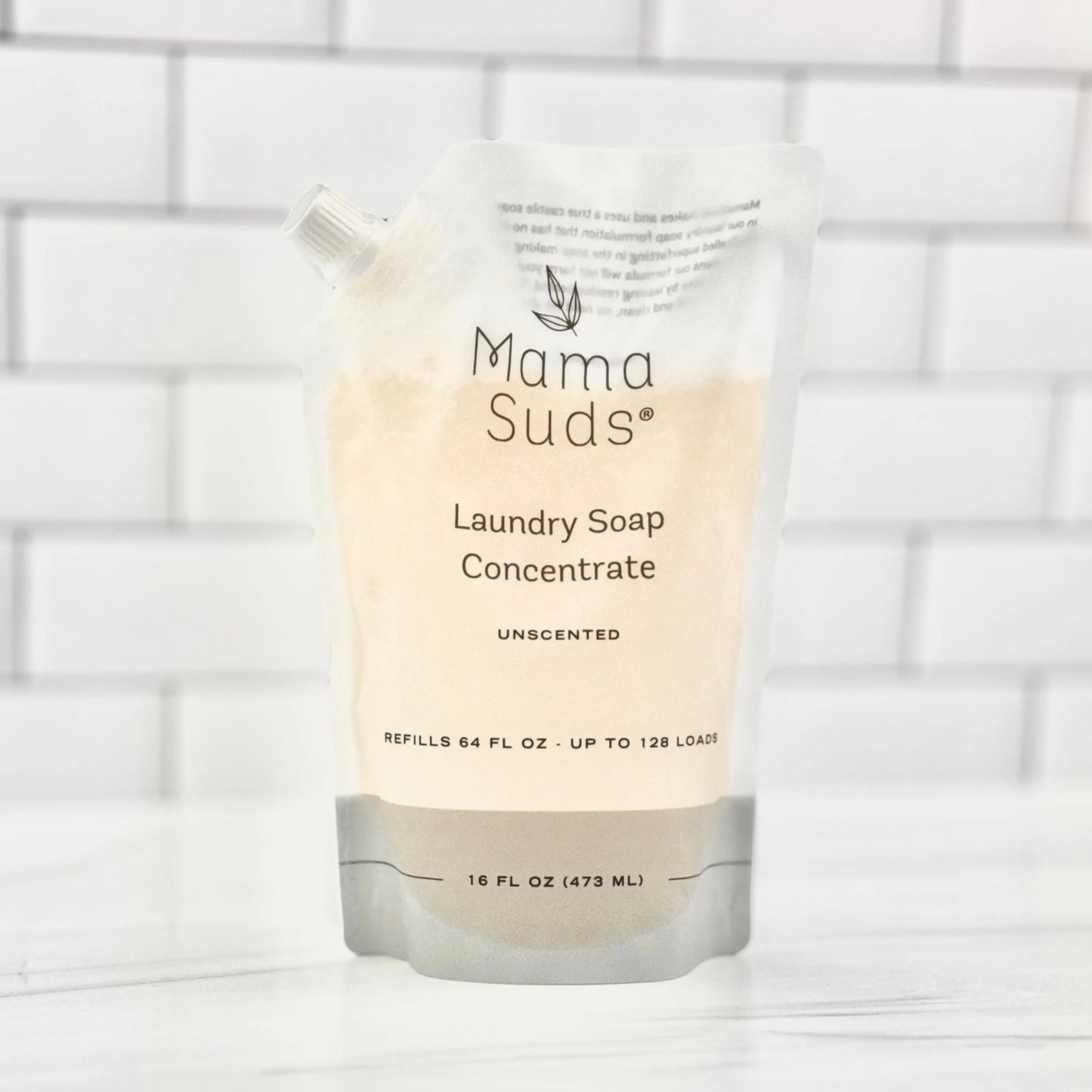 Unscented MamaSuds laundry soap concentrate pouch for effective household cleaning and laundry care.