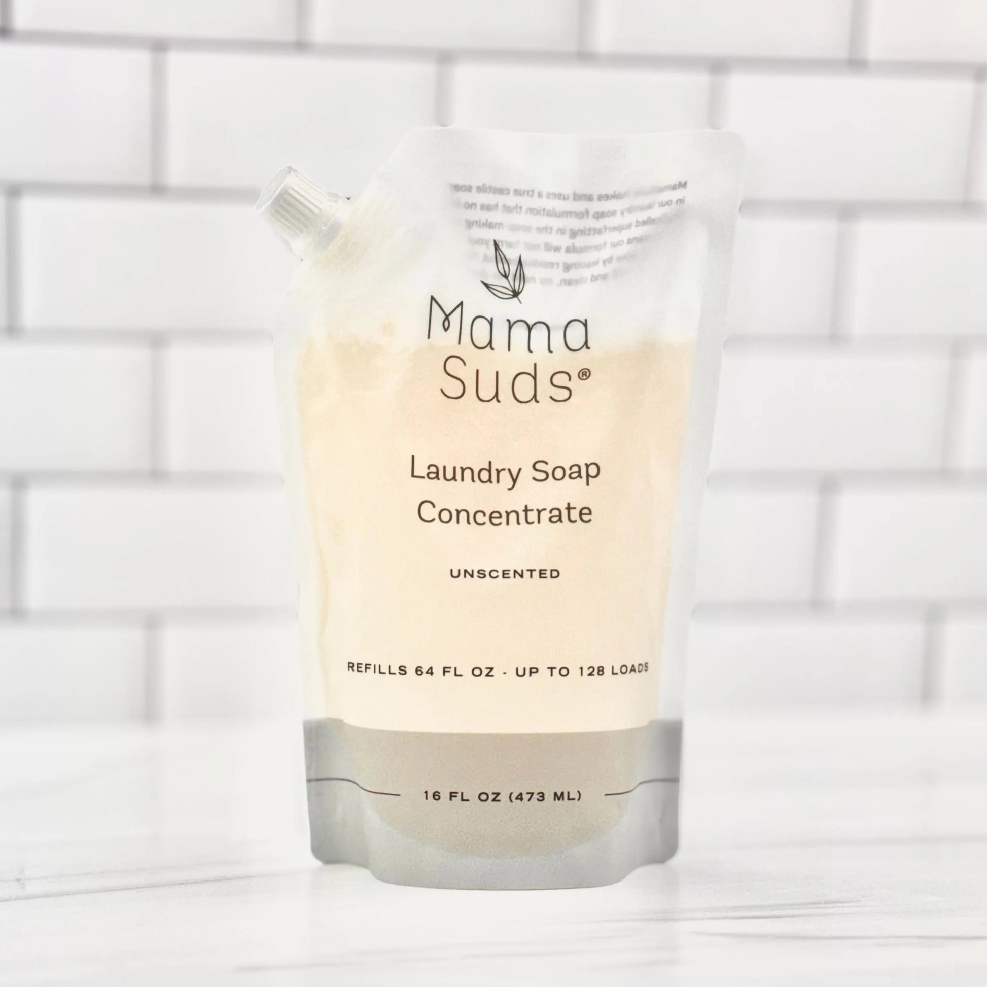 Unscented MamaSuds laundry soap concentrate pouch for effective household cleaning and laundry care.