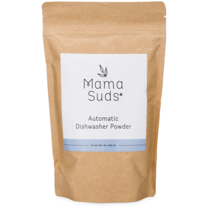 MamaSuds automatic dishwasher powder, eco-friendly and non-toxic household cleaning product, shown in a clean, eco-conscious packaging.