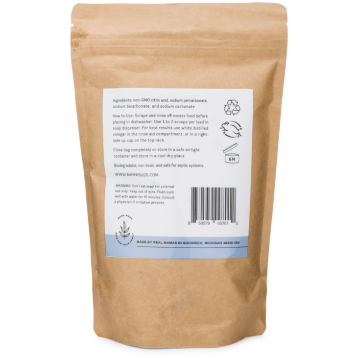 MamaSuds automatic dishwasher powder for eco-friendly, non-toxic household cleaning, shown in a container with the product label.