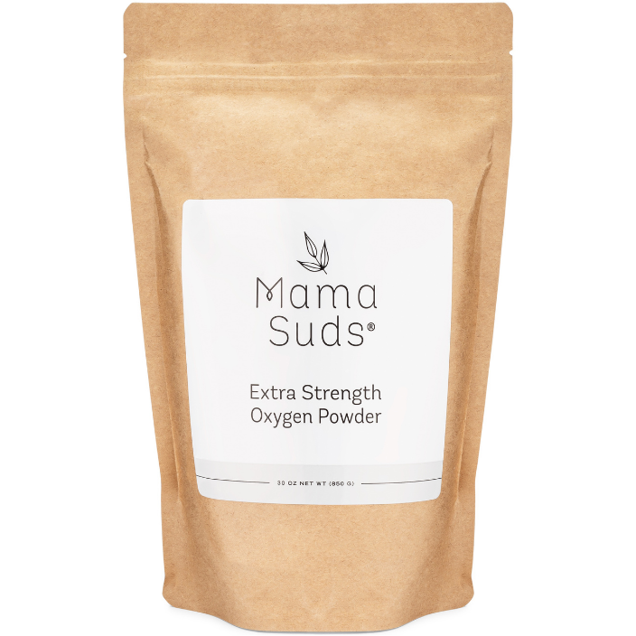 MamaSuds Extra Strength Oxygen Powder for household cleaning, showing the powder in a clear container ready for use.