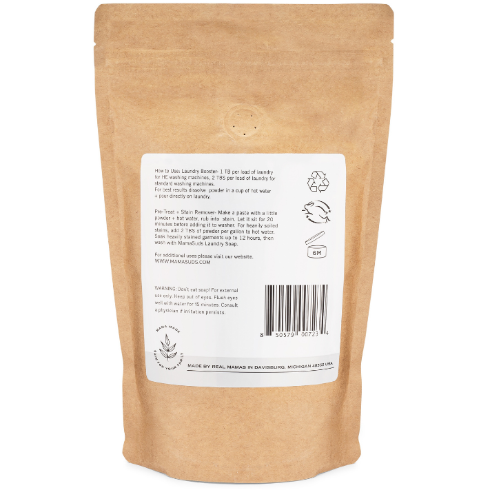 MamaSuds Extra Strength Oxygen Powder for household cleaning, showing the white powder in a container.