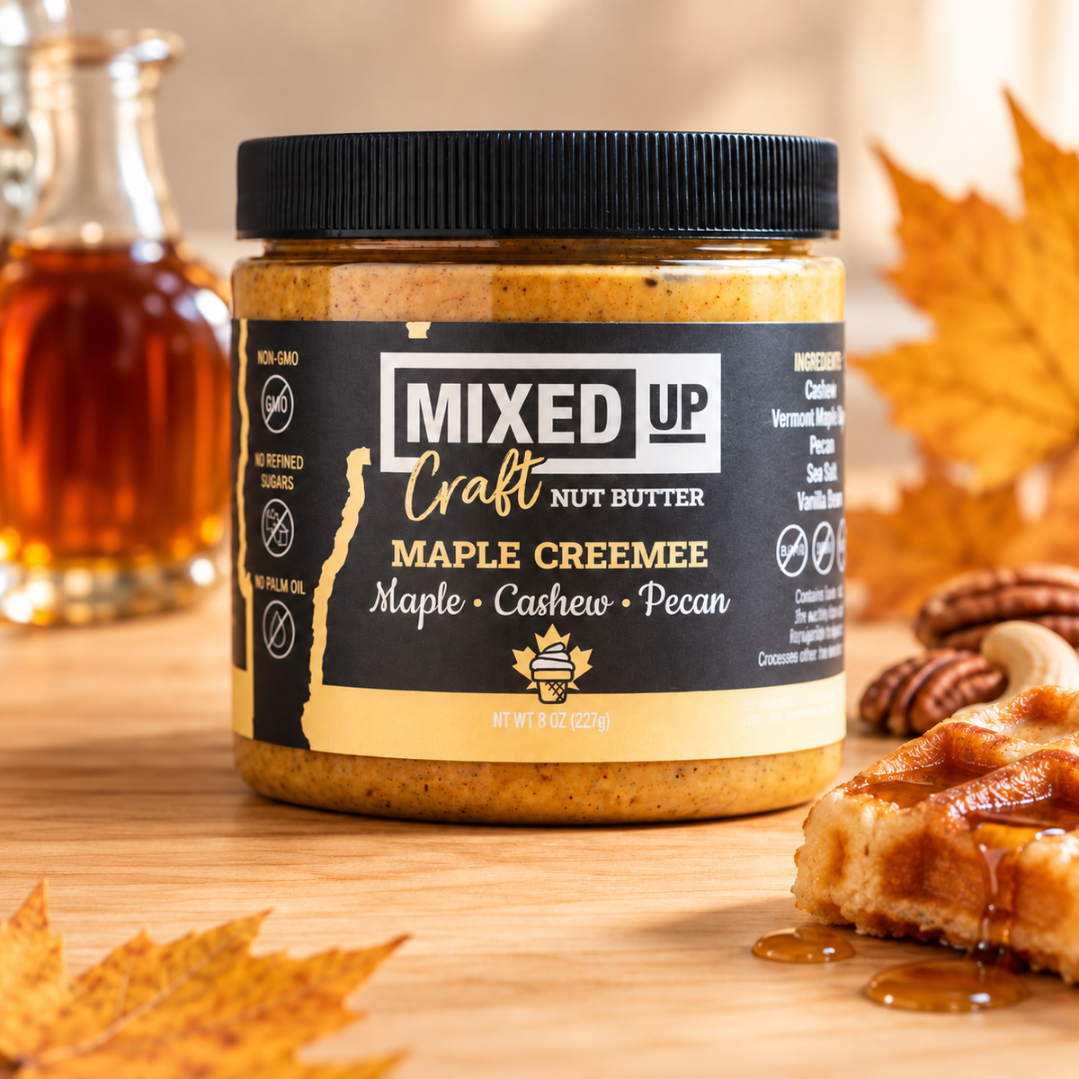 Creamy Maple Creemee nut butter from Mixed Up Foods with Vermont maple, cashews, pecans, and vanilla bean in an 8 oz jar.