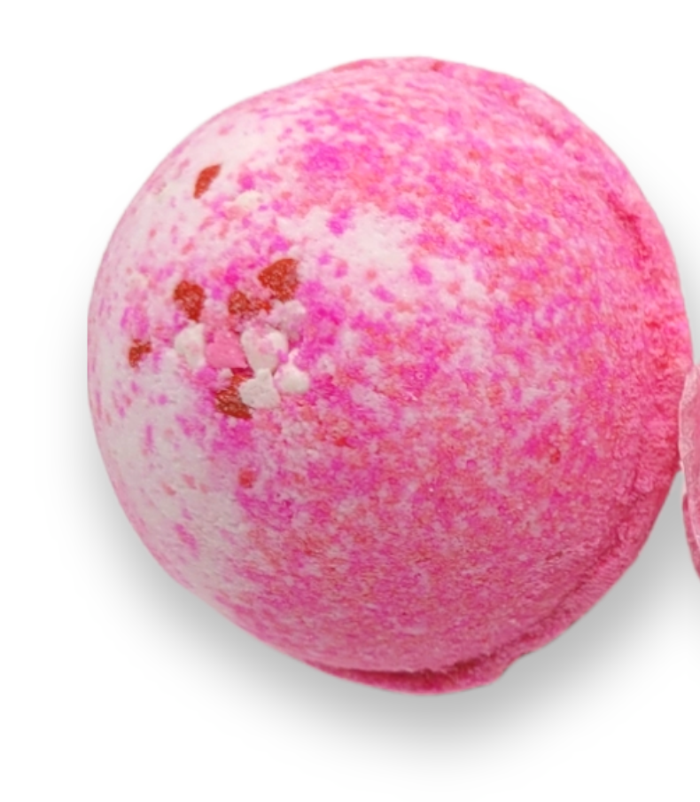 Evolve Botanica XOXO bath bomb with marshmallow scent, showing a colorful, spherical bath bomb with marshmallow-themed design.
