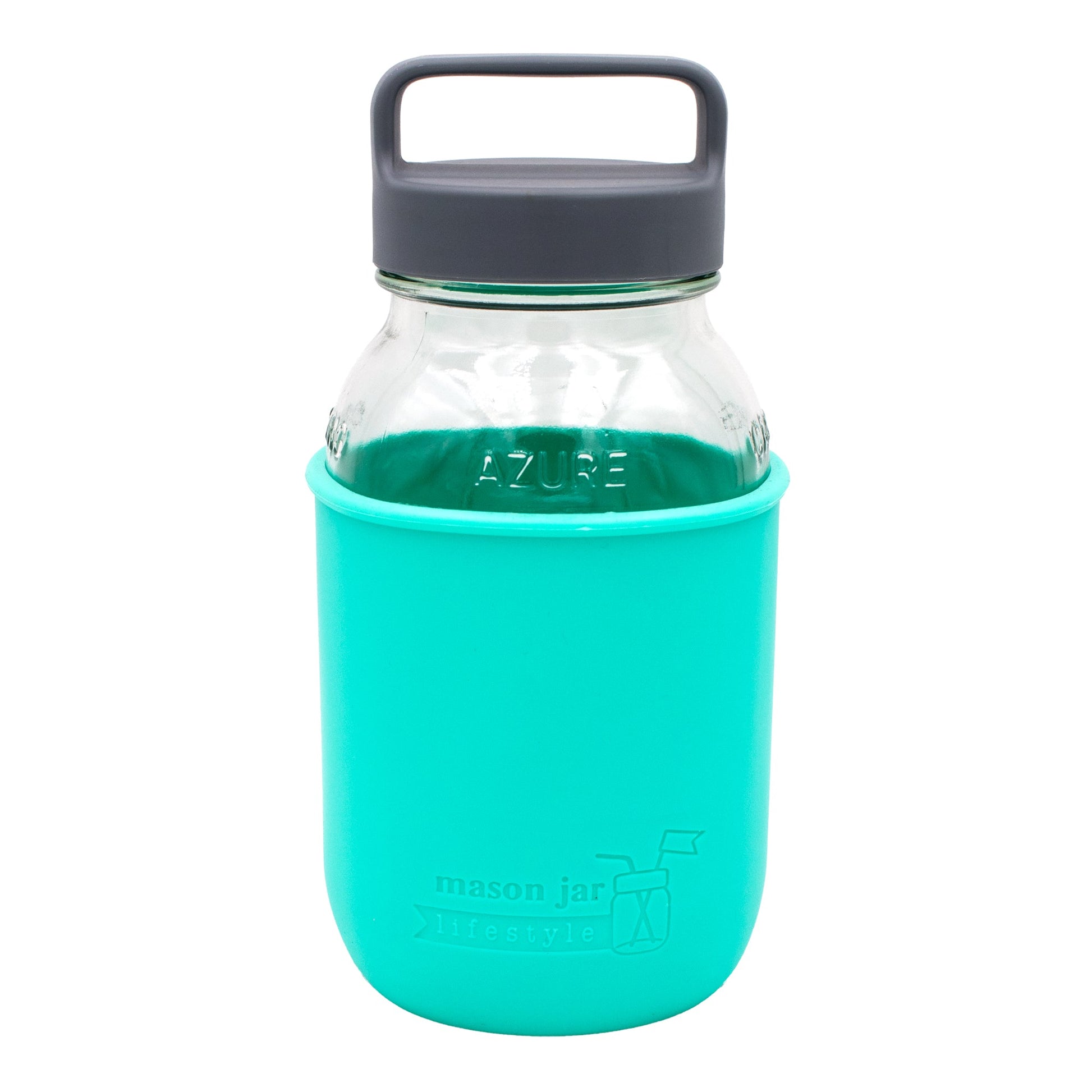 Aqua blue Mason Jar Lifestyle 32oz glass water bottle with silicone sleeve, carry handle, and gray canister lid.