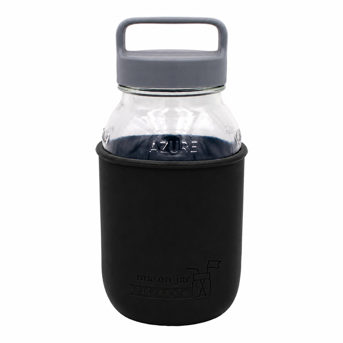 Mason Jar Lifestyle 32oz glass water bottle with black silicone sleeve, carry handle, and gray canister lid on a white background