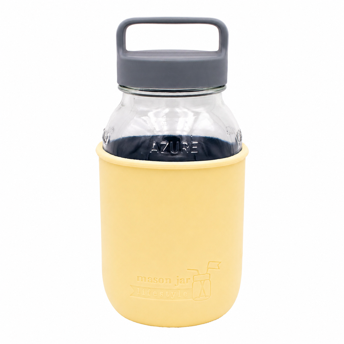 Mason Jar Lifestyle 32oz glass water bottle with silicone sleeve, carry handle, and gray canister lid in yellow and azure colors.