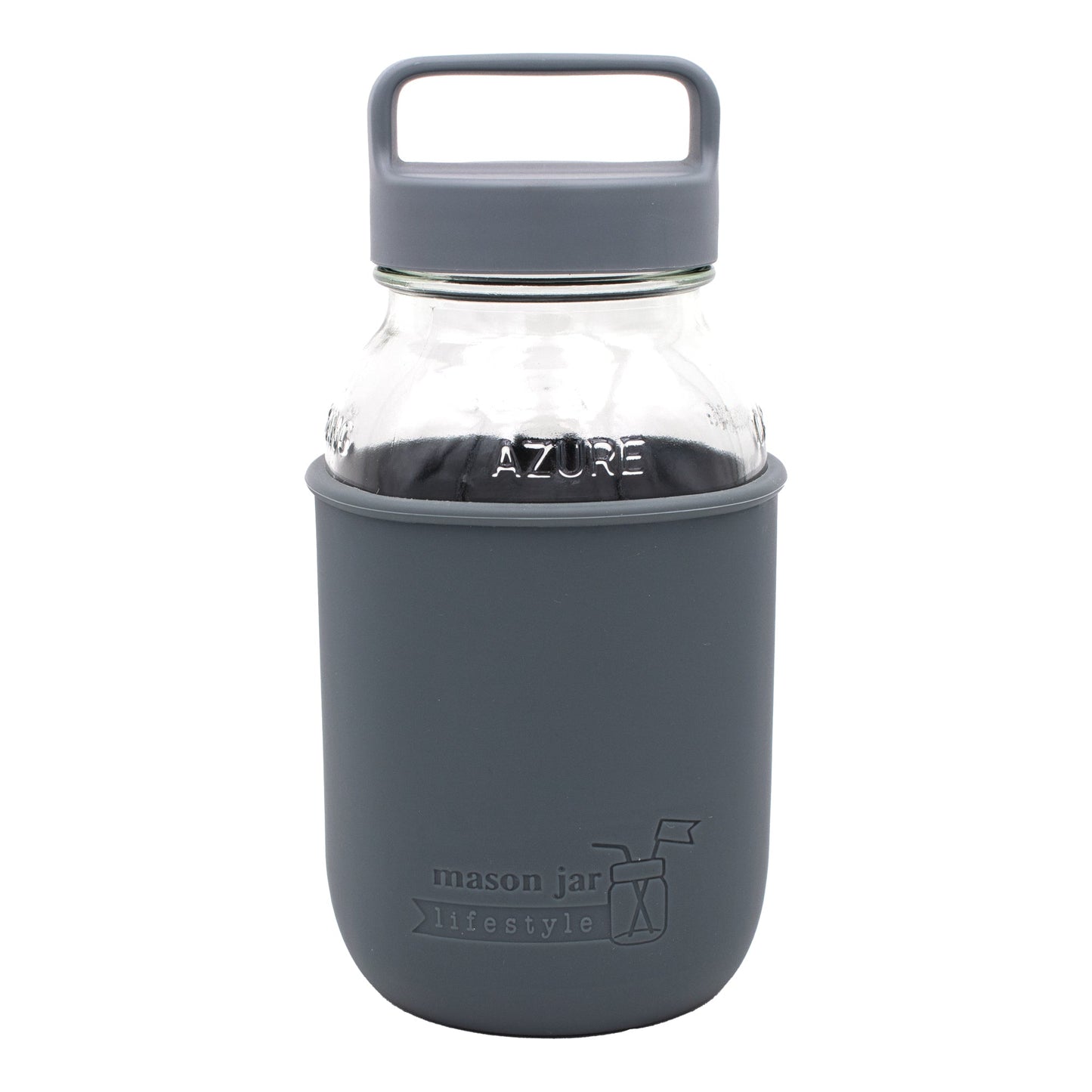 Mason Jar Lifestyle 32oz glass water bottle with charcoal gray silicone sleeve, carry handle, and clear jar with lid.