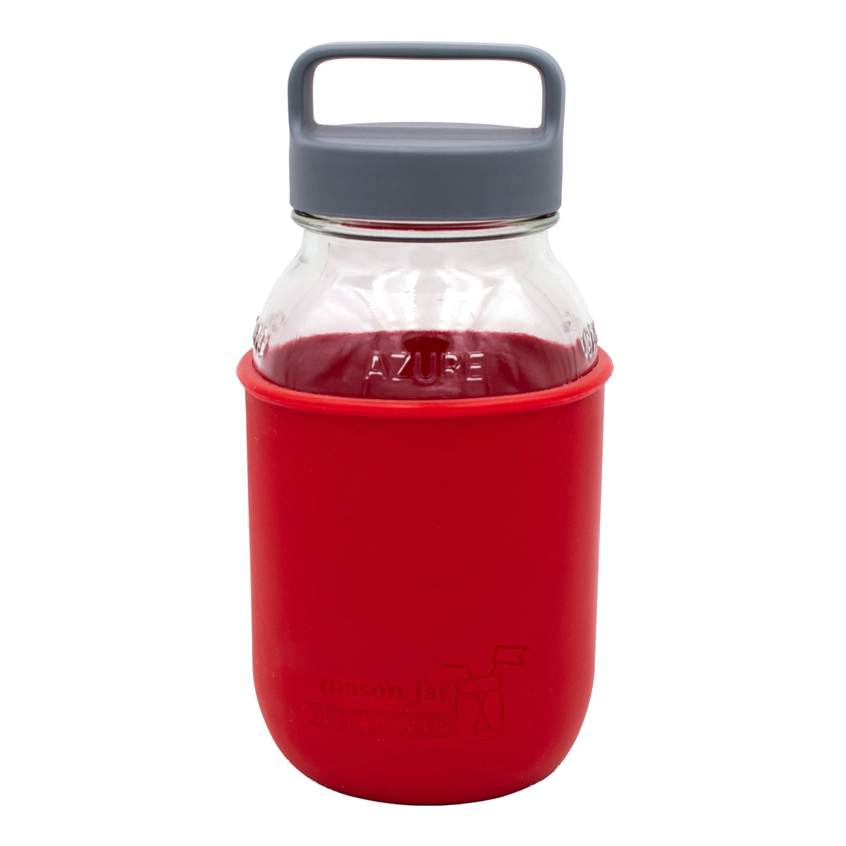 Mason Jar Lifestyle 32oz glass water bottle with silicone sleeve, carry handle, and gray canister lid in cherry red and azure colors.