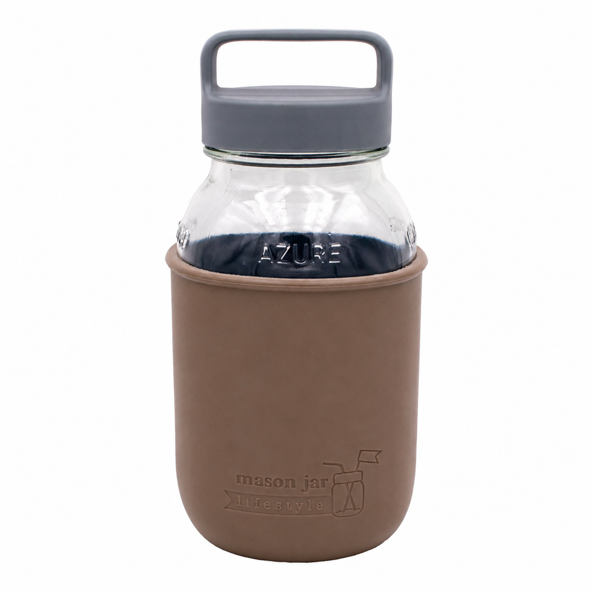 Mason Jar Lifestyle 32oz glass water bottle with silicone sleeve, carry handle, in cocoa brown with gray lid and sturdy canister design.