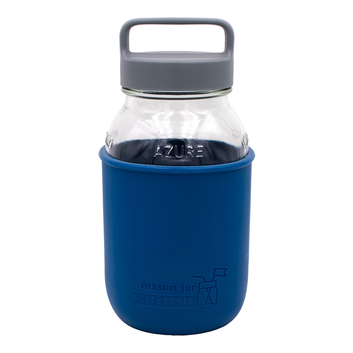 Deep blue Mason Jar Lifestyle 32oz glass water bottle with silicone sleeve and carry handle, featuring a gray canister lid.