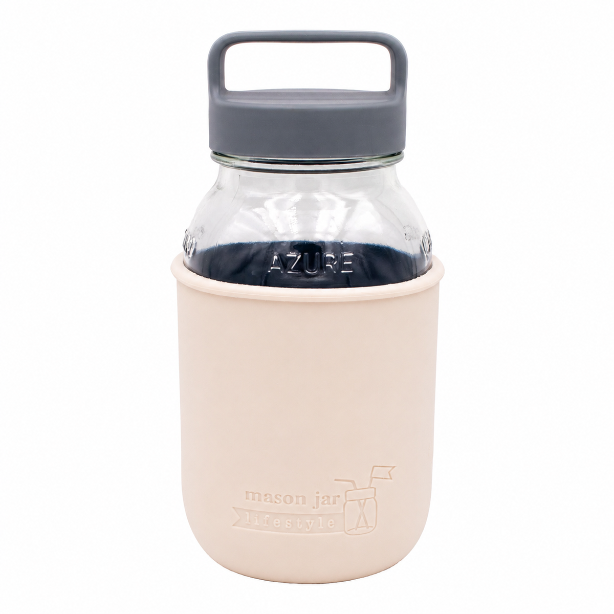 Mason Jar Lifestyle 32oz glass water bottle with silicone sleeve, handle, and gray canister lid, in greige and azure colors