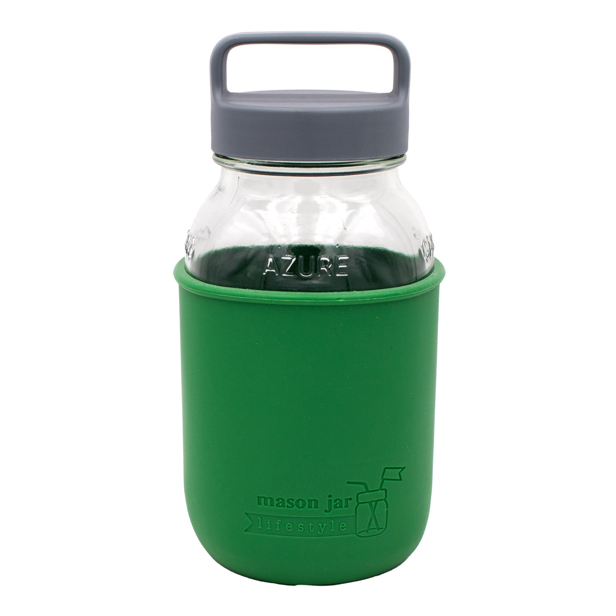 Green and gray 32oz Mason Jar Lifestyle glass water bottle with silicone sleeve, carry handle, and canister lid.