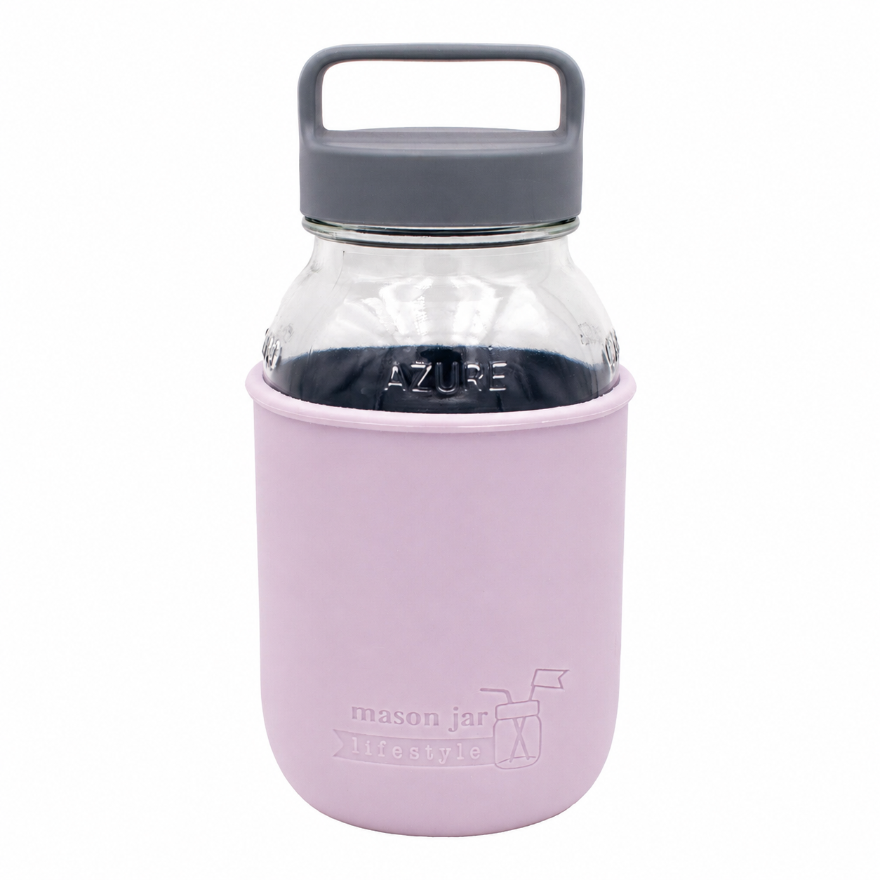 Mason Jar Lifestyle 32oz glass water bottle with silicone sleeve, carry handle, and gray canister lid in light orchid and azure.