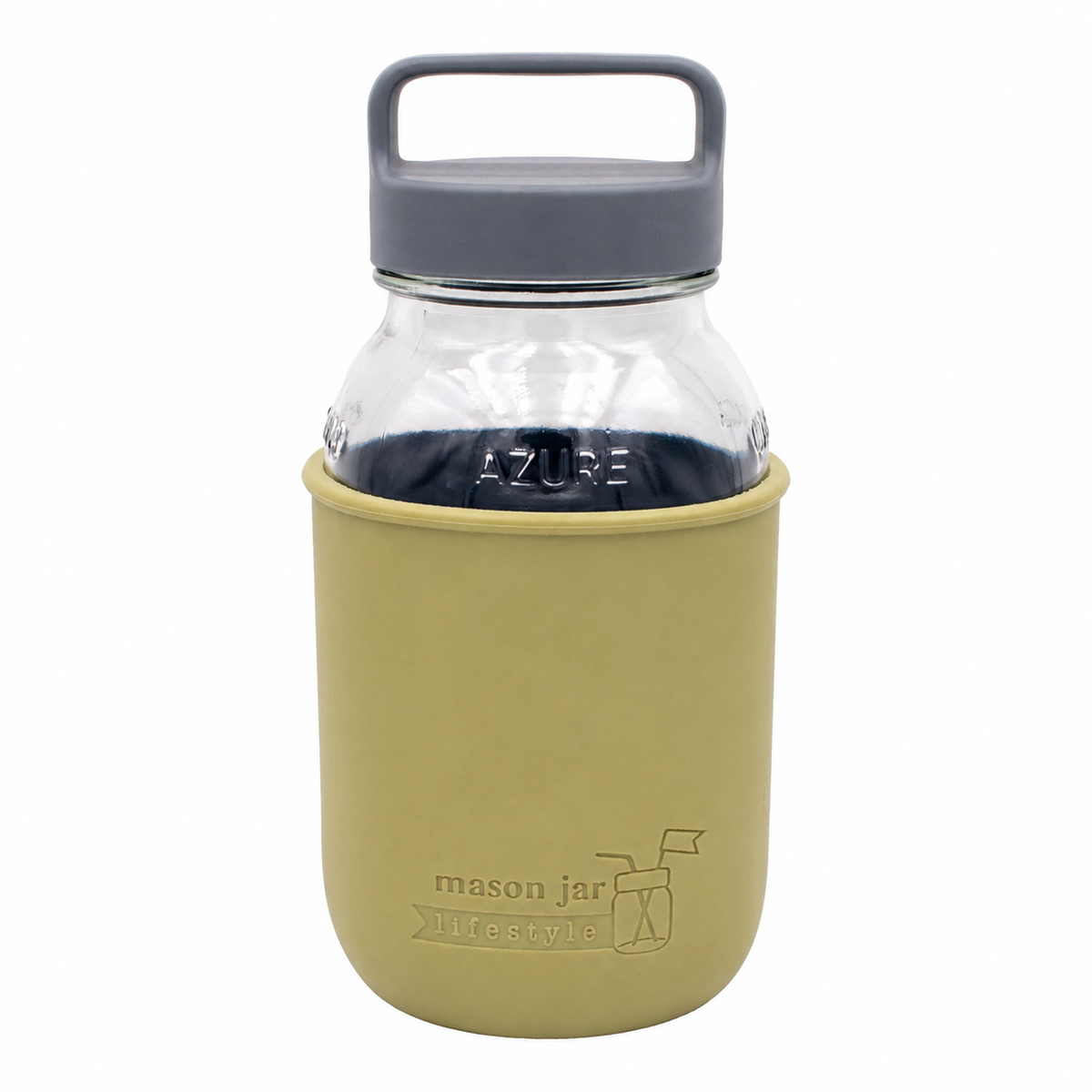 Mason Jar Lifestyle 32oz glass water bottle with silicone sleeve, carry handle, in olive green and azure, with gray lid