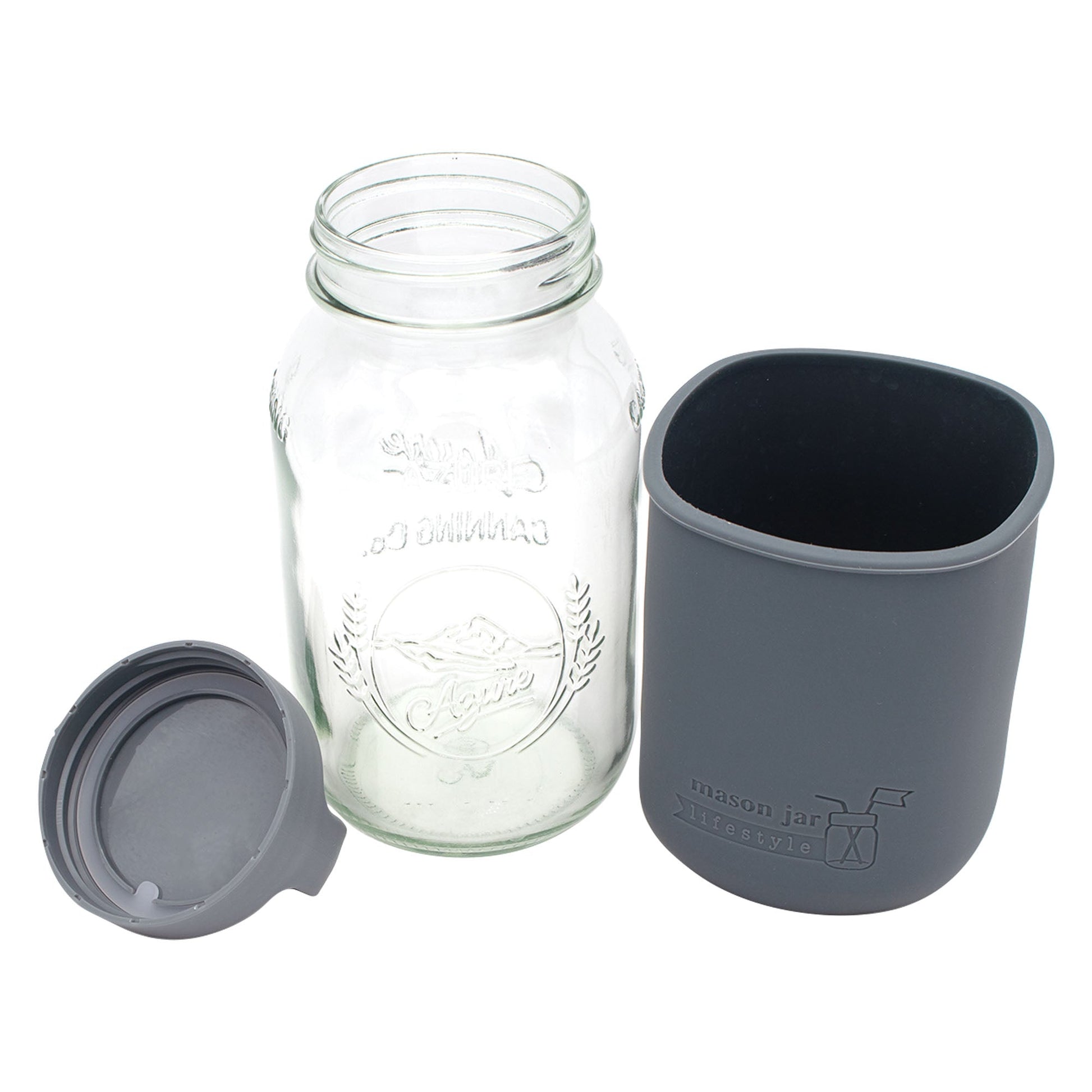 32oz Mason Jar Lifestyle glass water bottle with silicone sleeve, carry handle, and lid in azure color.