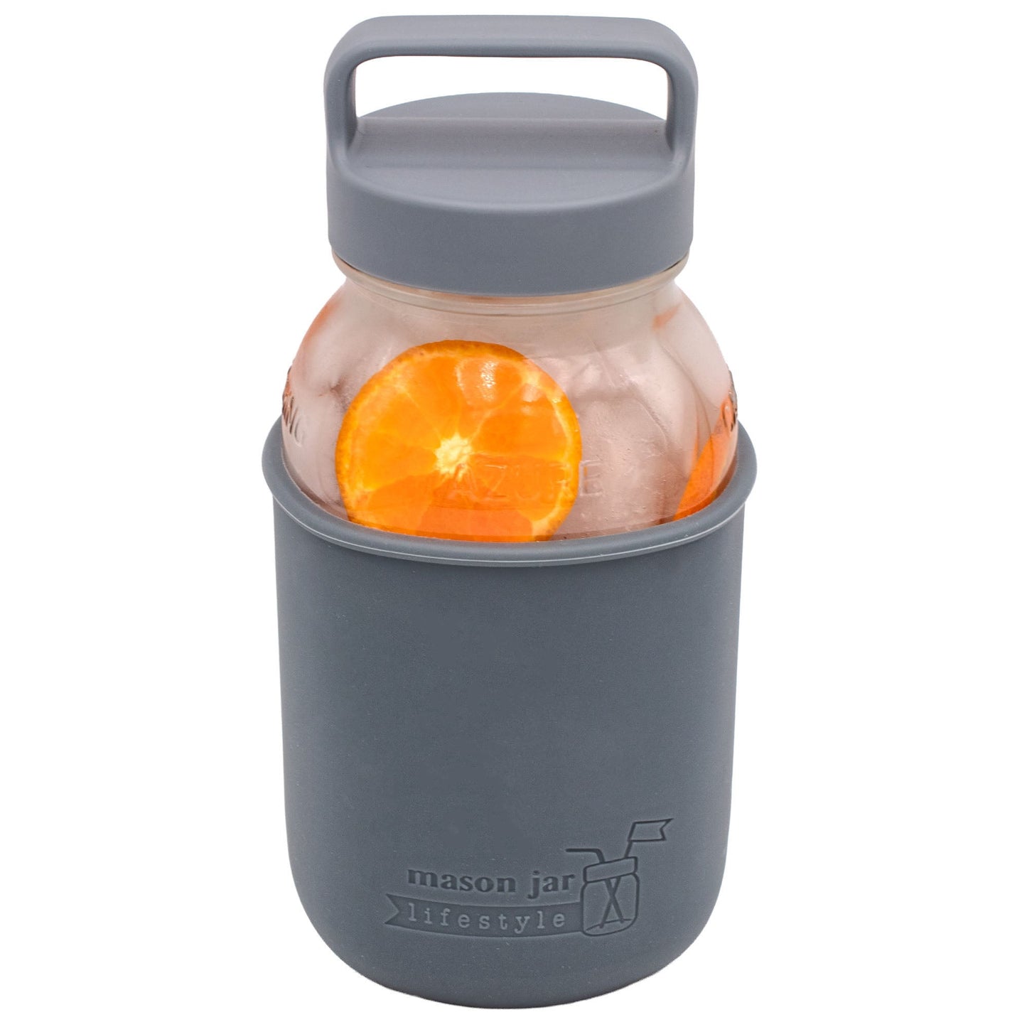 32oz Mason Jar Lifestyle glass water bottle with silicone sleeve, carry handle, and lid in azure color.
