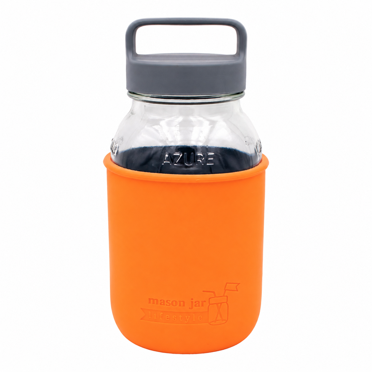Mason Jar Lifestyle 32oz glass water bottle with silicone sleeve, carry handle, and gray canister lid in vibrant tangerine and azure colors.