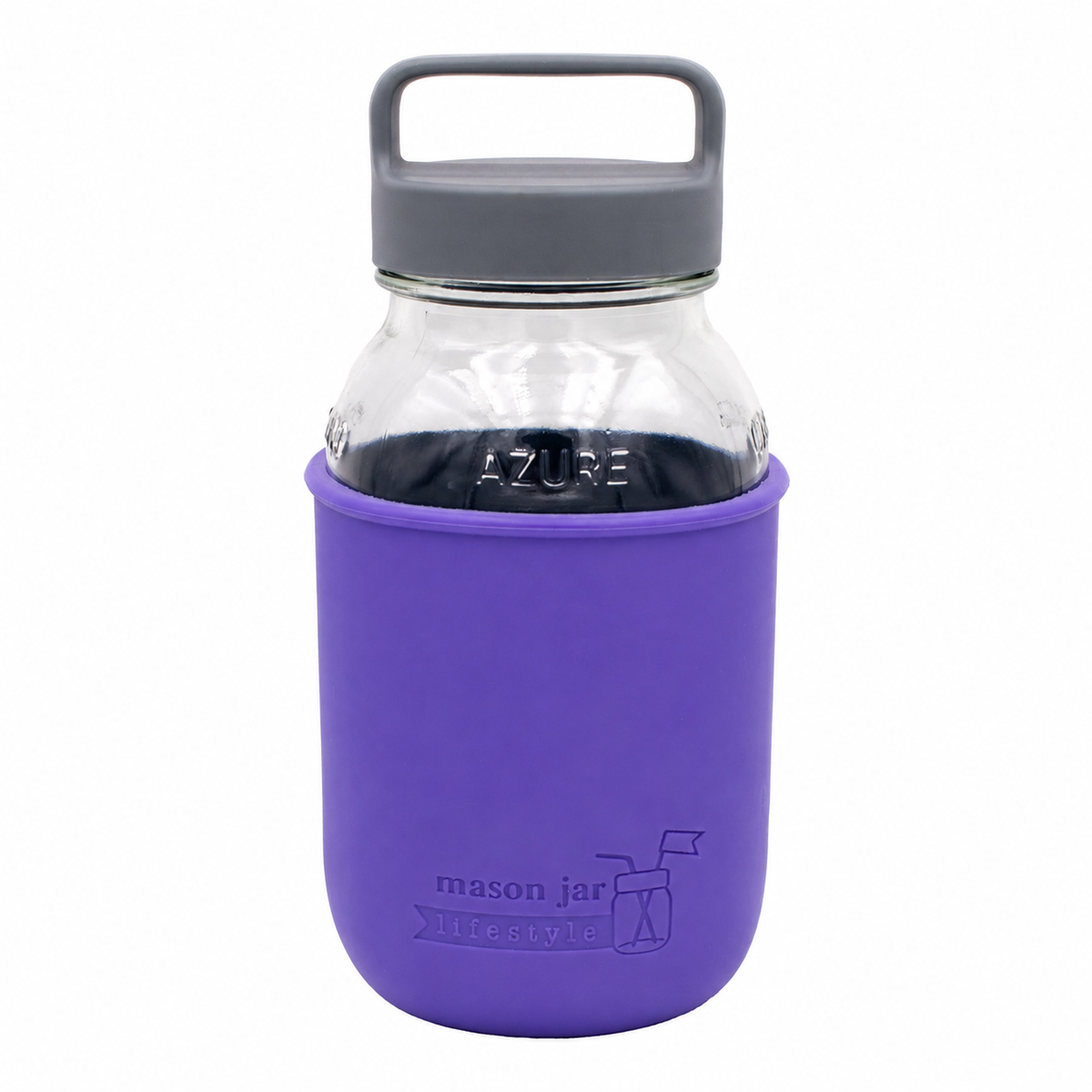 32oz Mason Jar Lifestyle glass water bottle with silicone sleeve, carry handle, and gray canister lid in violet azure color.