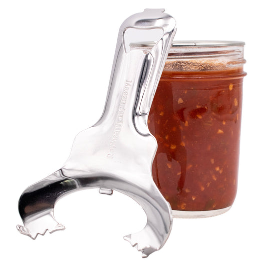 Stainless steel Mason Jar Lifestyle dent-free lid opener for canning jars, shown with canning lids in a bundle.