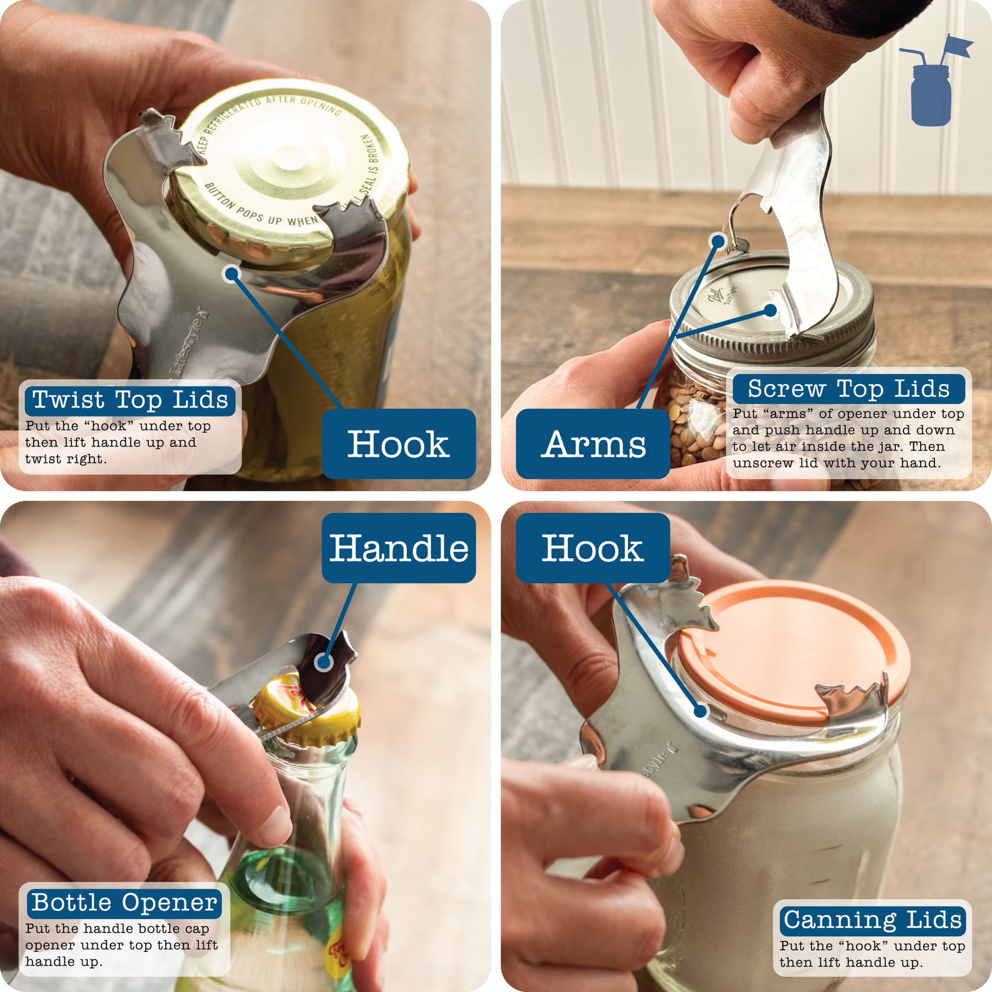 Stainless steel Mason Jar Lifestyle dent-free lid opener for canning lids, shown with a bundle of Mason jar canning lids.
