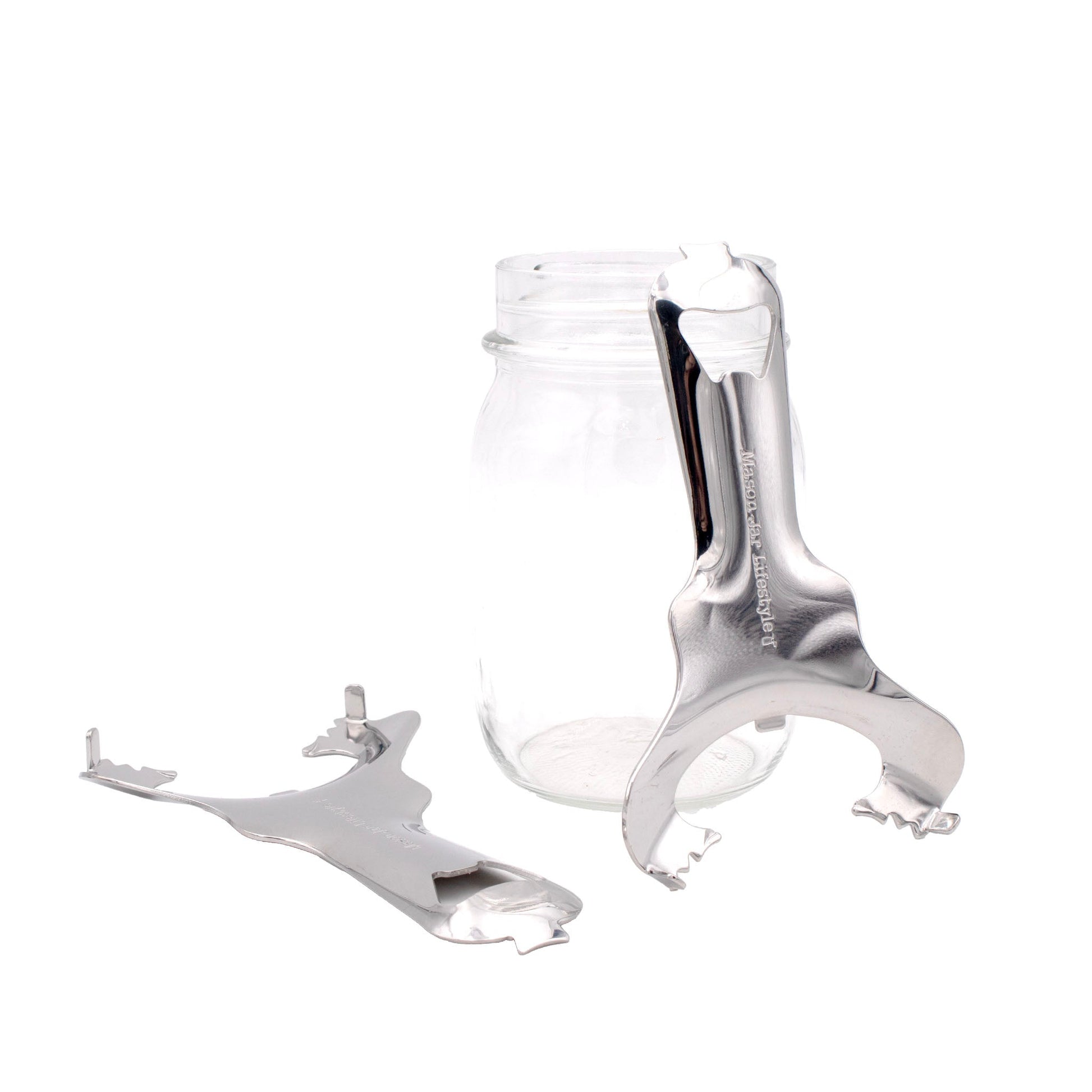 Stainless steel Mason Jar Lifestyle dent-free lid opener for canning jars, shown with canning lids and jars in a kitchen setting.