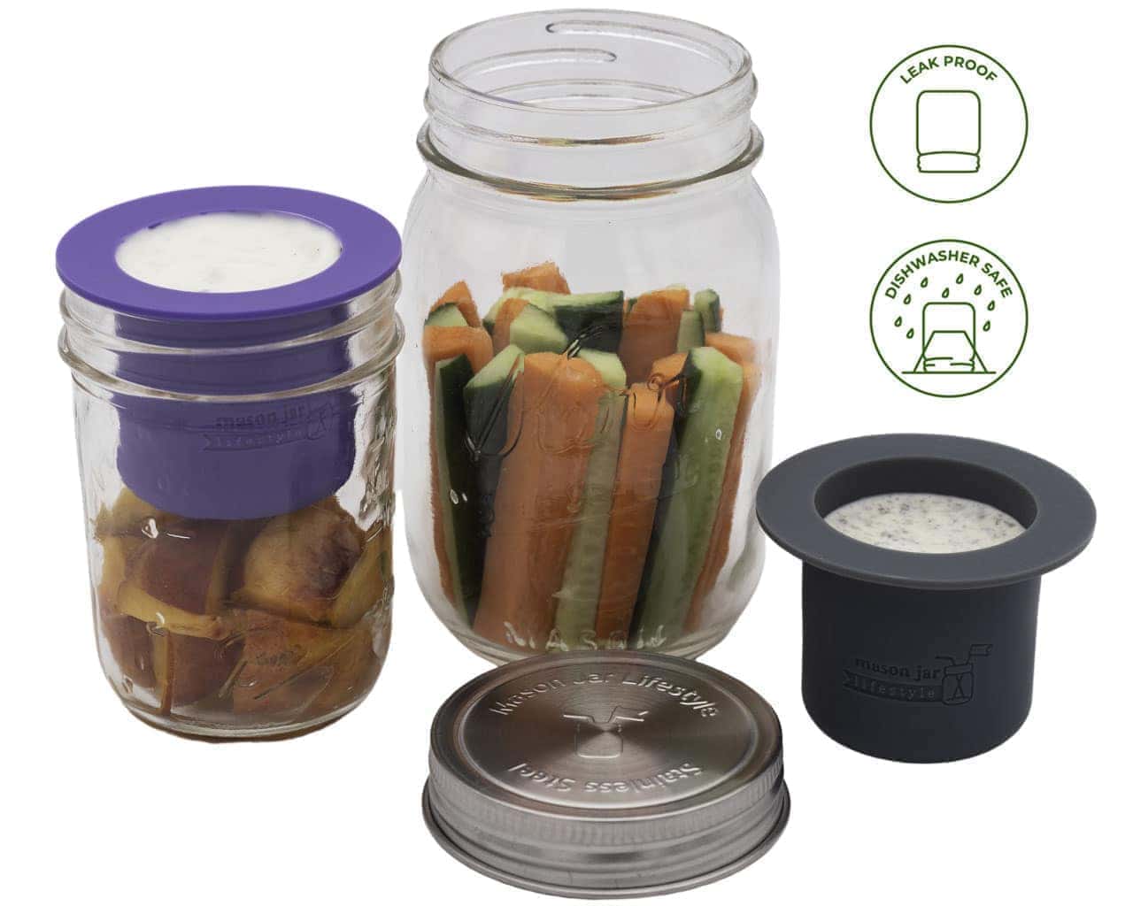 Charcoal gray Salad and Snacks Starter Set for Mason Jars by Mason Jar Lifestyle, includes jars with lids and compartments.