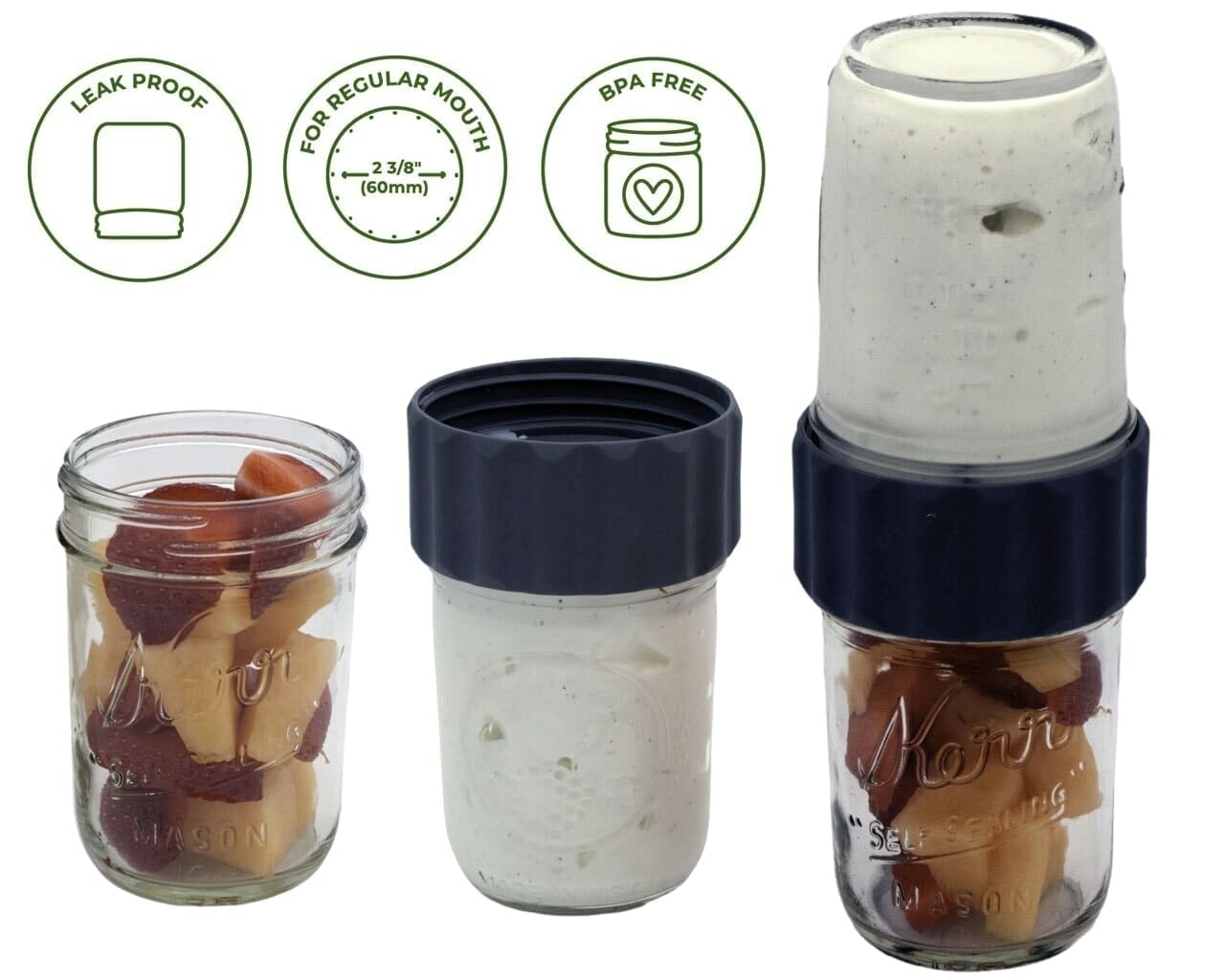 Charcoal gray Salad and Snacks Starter Set for Mason Jars by Mason Jar Lifestyle, includes lid and divider for fresh snacks and salads.