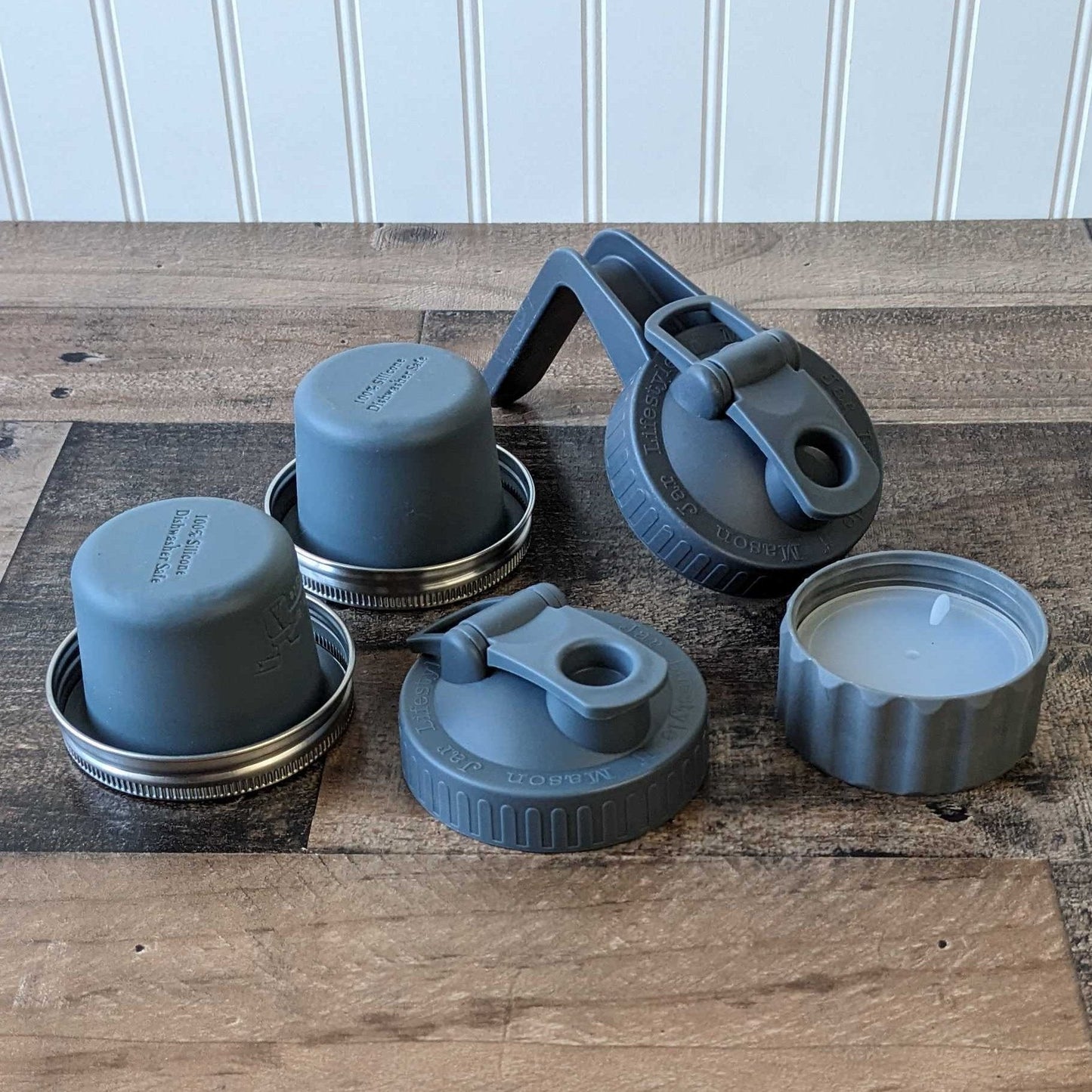 Charcoal gray Salad and Snacks Starter Set for Mason Jars by Mason Jar Lifestyle, featuring various containers and accessories for salads.