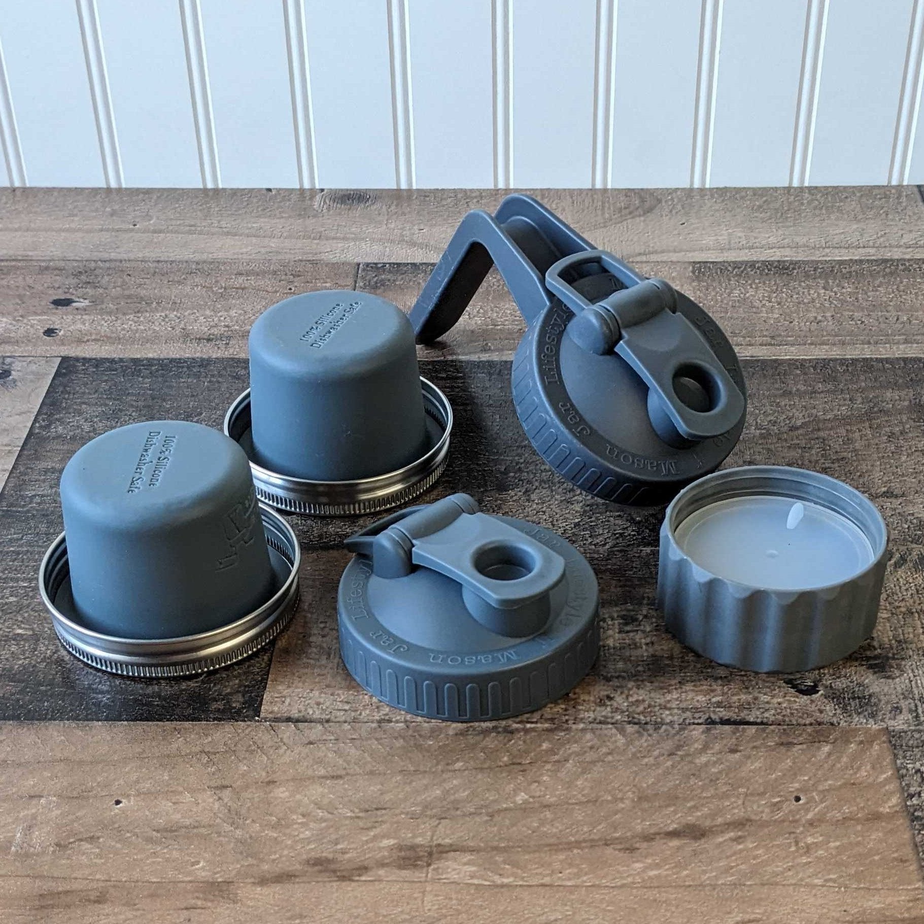 Charcoal gray Salad and Snacks Starter Set for Mason Jars by Mason Jar Lifestyle, featuring various containers and accessories for salads.