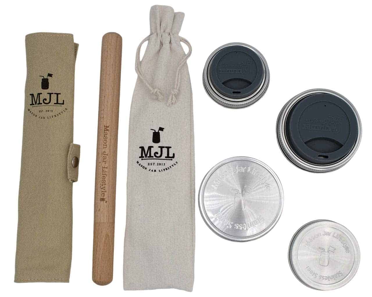 Charcoal gray Mason Jar Lifestyle Zero Waste Starter Kit with reusable lids, straws, and accessories for eco-friendly mason jar use.
