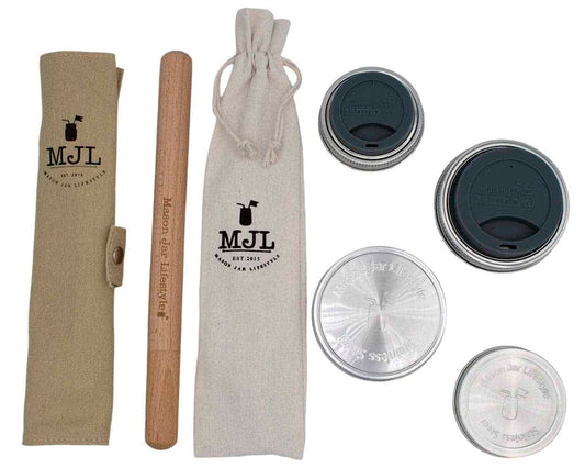 Charcoal gray Mason Jar Lifestyle Zero Waste Starter Kit with reusable lids, straws, and accessories for eco-friendly mason jar use.