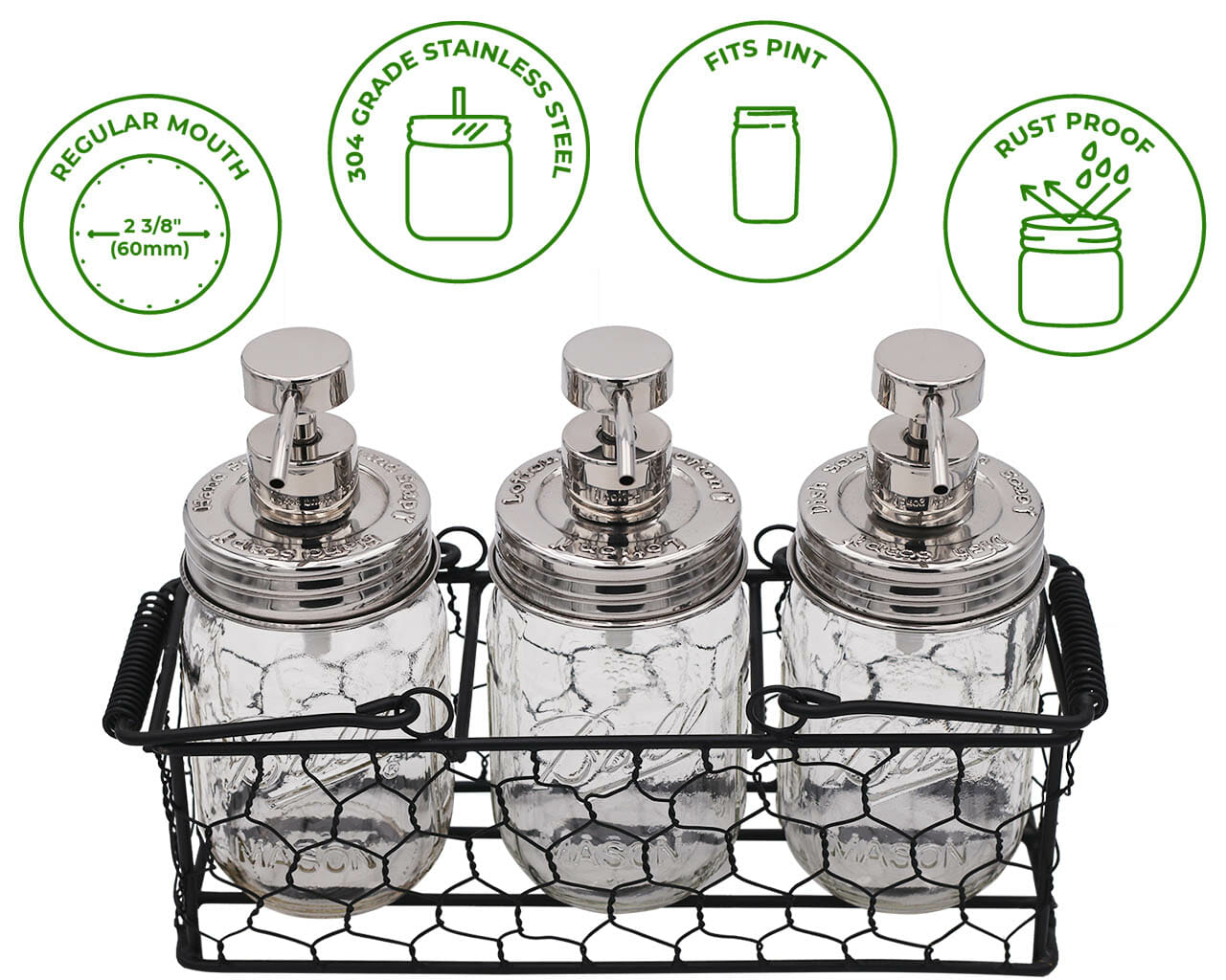 Set of three embossed shiny dispenser pumps for mason jars, suitable for hand soap, dish soap, and lotion from Mason Jar Lifestyle.